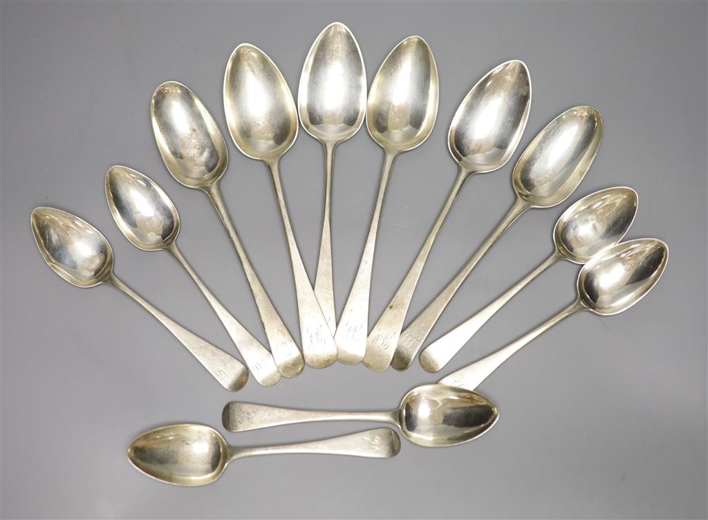 A harlequin set of six George III and later silver tablespoons and six dessert spoons